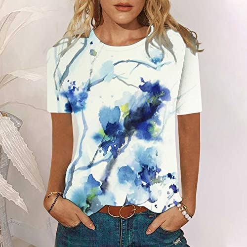 חולצת נערות נערות שרוול קצר 2023 צוואר כותנה צוואר דיו ציור חולצת חולצה פרחונית חולצה גרפית לנשים L9
