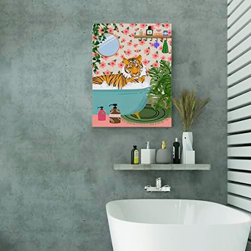 נמר באמבטיה בד פוסטר ציור אמנות קיר אמבטיה, ג'ונגל בוטני טייגר תמונות יצירות אמנות ממוסגרות הדפס מוכן