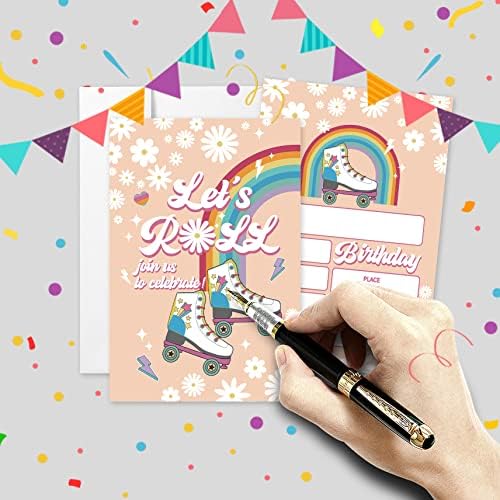 20 סטים מזמנות למסיבת יום הולדת להחלקה עם מעטפות עם מעטפות, רטרו שנות ה -70 קשת חיננית חיננית פרחונית