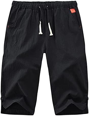 Badhub Mens 3/4 Jogger מכנסיים קפרי מכנסיים מתחת למכנסי אימון בברך כותנה ופשתן שרוך מותניים אלסטיים