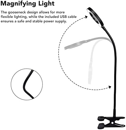 אור מגדלת PlplaOO, אור שולחן מגדלת 3x, מנורת הגדלת LED של צוואר LED עם כבל USB, קליפ בהירות מתכווננת