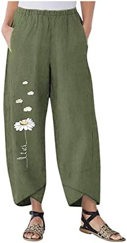 מכנסי פשתן כותנה של נשים, מותניים גבוהים אלסטיים רחבים רגל רחבה פאלאצו אורך קאפרי נוח דפיס דפיס מכנסיים