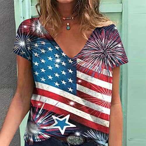 חולצות טריקו לנשים QCemeni לנשים יום עצמאות דגל אמריקאי מודפס