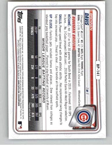2020 פרוספקטים של באומן CAMO BP-141 BRENNEN DAVIS RC RC ROOKIE CHICAGO CUBS MLB כרטיס מסחר בייסבול