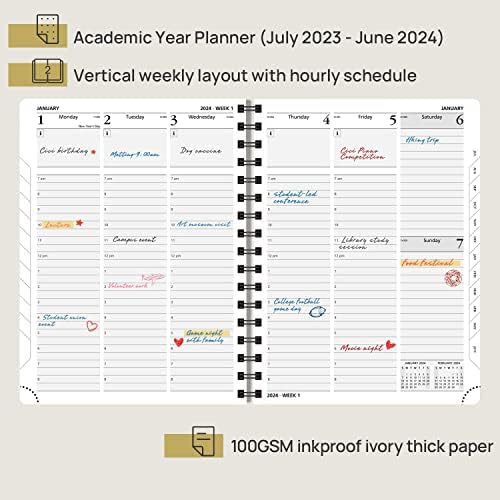 מתכנן פופרון 2023-2024 לוח שנה אקדמי עם משבצות זמן לפי שעה, ספר פגישות שבועי ויומי לניהול זמן, כריכת