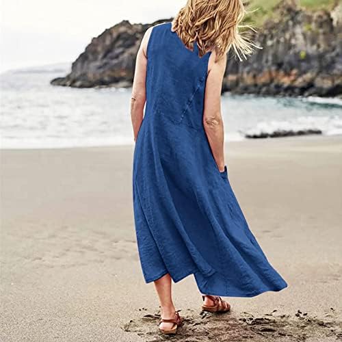 שמלות קיץ של Vezad לנשים 2023 שנת כותנה בצבע אחיד מזדמן שמלת כיס כיס ללא שרוולים צוואר עגול חוף זורם