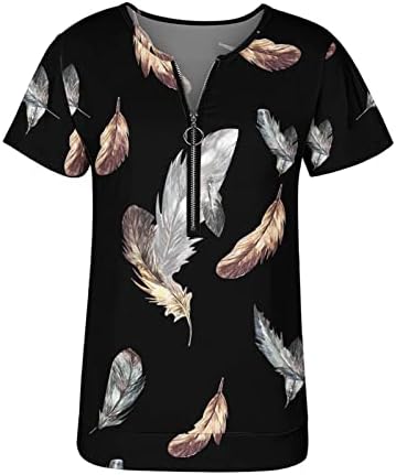 צמרות קיץ נשים נשים אופנה חולצות עליונות הדפס טוניק V רוכסן צוואר רופף שרוול קצר עליון אלגנטי מזדמן