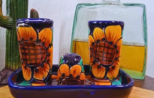מקסטקיל-כוסות שוט טקילה מקסיקניות אותנטיות של טלאברה, מלחייה עם מגש-סט של 4 חלקים-צבעוני אומנותי מצויר