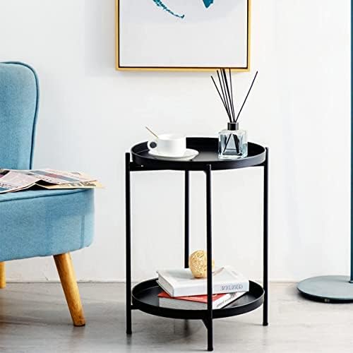 גודו שחור צד שולחן, 2 קומות מתקפל עגול סוף שולחן מתכת עמיד למים חטיף לצד שולחן מבטא קפה שולחן לסלון