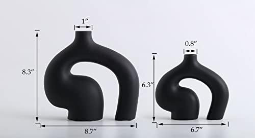 סט אגרטל קרמיקה שחור של Kioxoho 2 לעיצוב, אגרטלים מופשטים מודרניים לעיצוב הבית, תפאורה מינימליסטית נורדית,