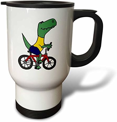 3drose ירוק מצחיק T-Rex דינוזאור רוכב על ספל נסיעות אופניים אדום, 14 גרם, לבן