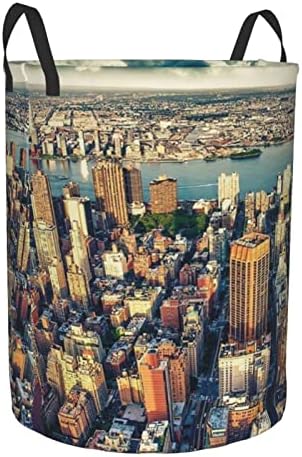 פנטהאוז תצוגה מעל ניו יורק מנהטן מודפס כביסה סל מתקפל עגול סל בגדי אחסון דלי צרכי היומיום אחסון תיק