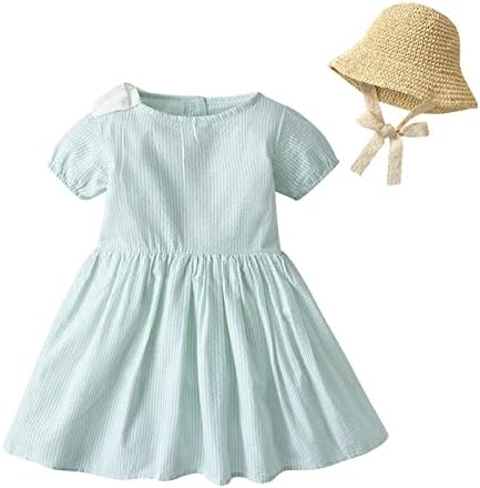 ילדים פעוטות תינוקות בנות אביב קיץ כותנה מוצקה שרוול קצר שמלת נסיכה כובע כובע בגדי תינוקות ניטרליים