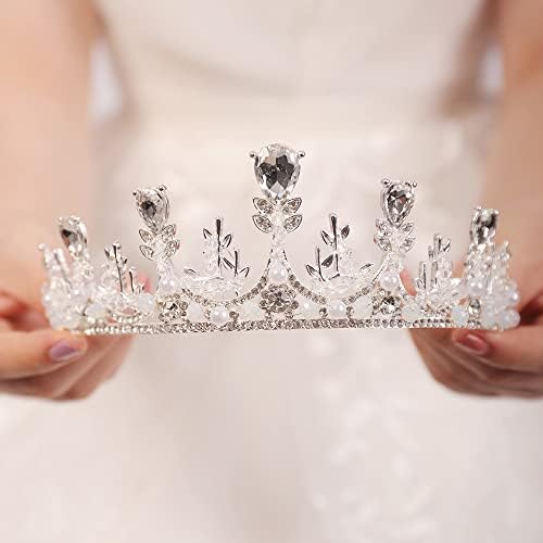 מלכת מצנפות קריסטל פרל כתר כסף פרח עלים הבארוק חתונה בגימור כיסוי ראש כתר עבור יום הולדת