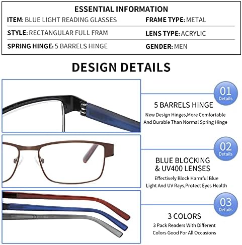 CRGATV משקפי קריאה 3 חבילות לגברים חסימת אור כחול מתכת מסגרת מלאה קוראי מחשב אנטי UV/עיניים מאמץ/סנוור