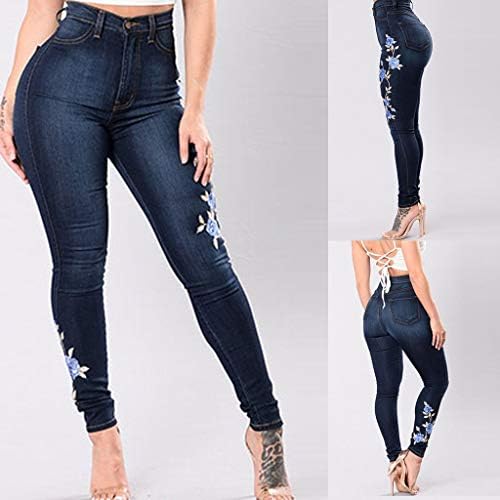 Pantalones Nrealy Pantalones נשים רקומות באלסטיות גבוהה חבית ישרה ורגליים הדוקות ג'ין