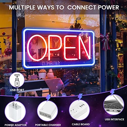 Sugarneon LED Neon שלט פתוח לעסקים עם מתאם, 16.5 x 9 בהירות מתכווננת LED שלט פתוח מופעל על ידי USB,