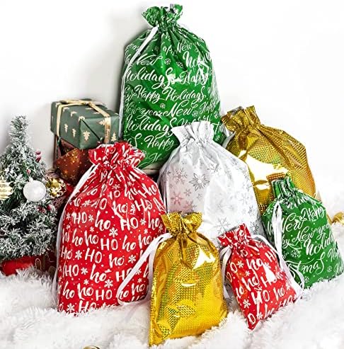 DreamCountry שקיות מתנה לחג המולד, 32 חלקים שקיות עטיפת מתנה בגודל 4 ו -4 עיצובים, תיקים גדולים של חג
