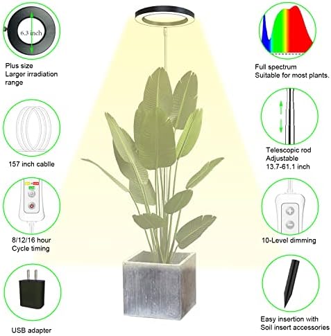 צמח ידוקר צומח אור, LED גדל אור ספקטרום מלא עבור צמחים מקורה, מתכוונן לגובה, טיימר אוטומטי, מתח בטוח