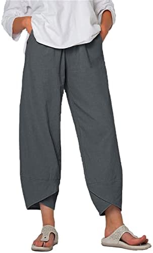 Maiyifu-GJ לנשים כותנה פשתן מכנסיים רופפים מכנסי טרקלין שקעים מזדמנים מותניים אלסטיים מכנסי רגל רחבים