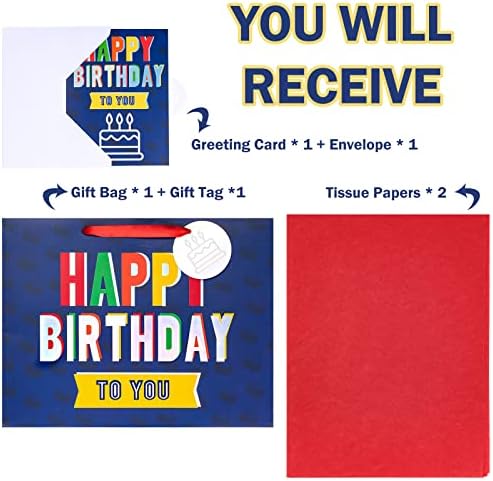עטיפה 13& 34; שקית מתנה גדולה עם כרטיס נייר טישו-יום הולדת שמח צבעוני עם רדיד כסף הולוגרפית
