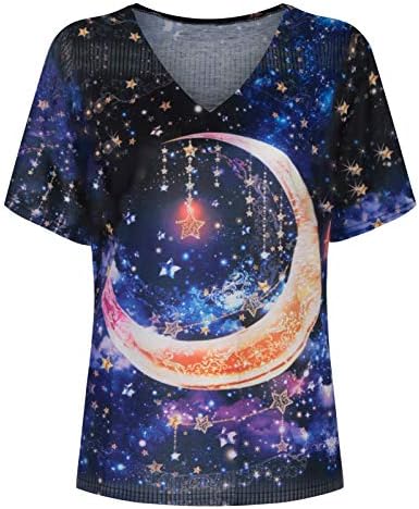 חולצת טריקו גרפית של כוכב ירח לנשים מודפסות בקיץ v-צווארון V צווארון עליון שרוול קצר חולצות סוודר נוחות