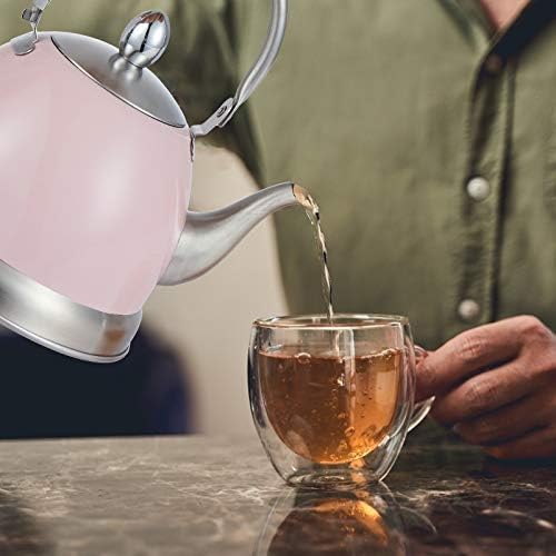 בית יצירתי 1.0 Qt. קומקום קומקום תה נירוסטה עם ידית מתקפל, סל אינספר נשלף לשקית תה עלי תה רופפים, ורוד