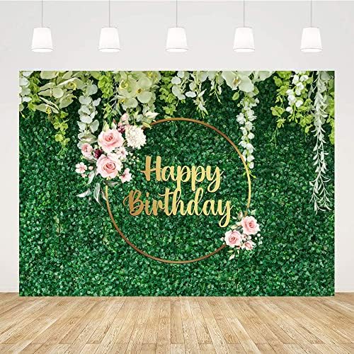 טיקוניקואה 7 * 5 רגל יום הולדת שמח רקע ירוק דשא יום הולדת רקע נשים בנות ירק עלים ופרח זר יום הולדת קישוטי