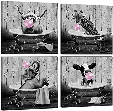 תמונות אמבטיה של קלאווה סט תפאורה קיר של 4 חיה מצחיקה חיה שחור לבן עיצוב אמבטיה קיר אמנות קיר ורוד בועה