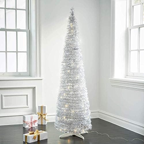 עץ חג המולד קופץ עם אורות - 6ft, מתקפל לאחסון קל, 150 LED לבן חם, קישוטים וקשת כלולים, עץ עיפרון מלאכותי
