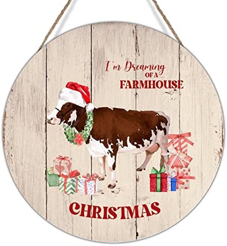 אני חולם על בית חווה לחג המולד עץ עץ לוחית וינטג 'חווה חווה בקר בקר פרה לוח עץ חג המולד קבלת פנים קולב