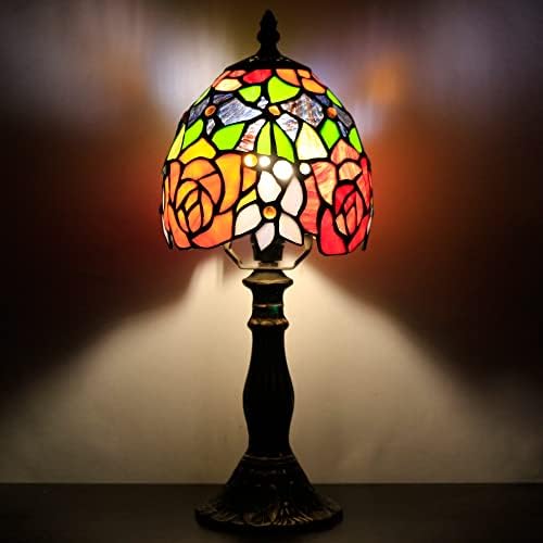 Rhlamps מנורה קטנה של טיפאני ויטראז 'מנורה שולחן זכוכית סגנון ורד צהוב אדום, מנורת מבטא מיני יוקרה בגובה