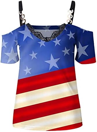 צמרות כתף קרה לנשים אמריקה דגל טוניקה גרפית טוניקה שרוול קצר V חולצת יום עצמאות צוואר 4 ביולי 4 ביולי