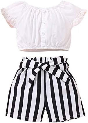 סט תלבושות קיץ תינוקות של ילדים פעוטות, כפתור שרוול קצר למטה מכנסיים קצרים מפוספסים עם חגורה