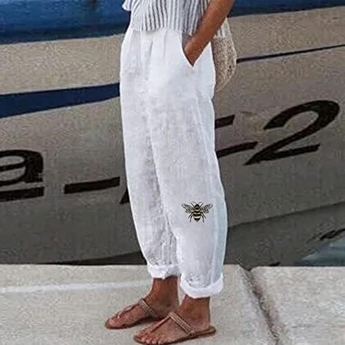 כותנה פשתן קאפרי מכנסיים לנשים קיץ מקרית קאפרי מכנסיים עם כיסים גבוהה מותן קומפי חוף מכנסיים בציר הרמון