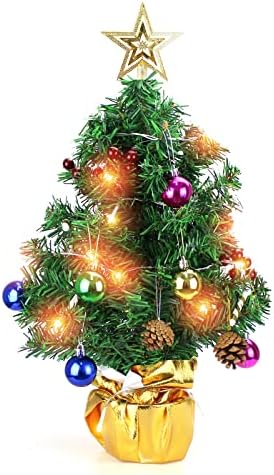 22 עץ חג המולד מיני, עץ חג המולד של שולחן השולחן הזהב עם עץ חג מולד קטן ומלאכותי כולל טופח כוכב חג המולד,