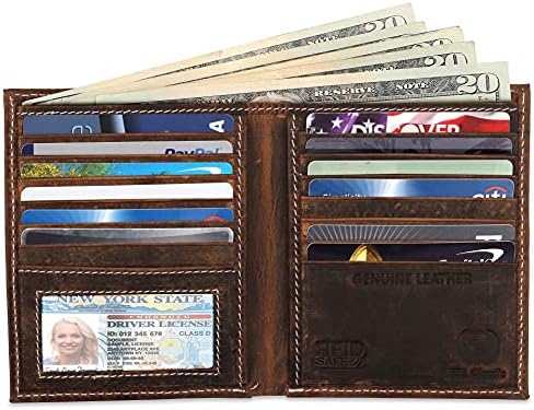 ארנק היפסטר גדול דו-קפל מעור לגברים, 13 חריצי כרטיסי אשראי, חום וינטג ' באפלו עם תפרים לבנים,186 צייד