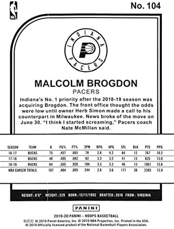 2019-20 Panini Hoops Winter 104 Malcolm Brogdon Indiana Pacers NBA כרטיס מסחר בכדורסל