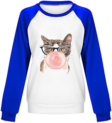 חולצות שרוול ארוך מצחיק לנשים בלוק צבע חמוד חתול חמוד טיז גרפי דפוס בעלי חיים.