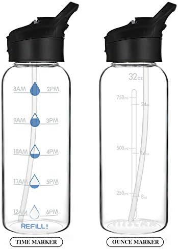 בקבוק מי זכוכית עם 32 גרם קש וקש רחב ושרוול סיליקון שחור, בקבוק מים גדול של 1L זכוכית עם סמן זמן,