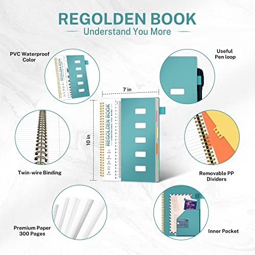 Regolden-Book 5 נושא מחברת המכללה נשלטת על B5, מחברת ספירלה עם כרטיסיות, מחלקים צבעוניים ושליטים לתלמידי