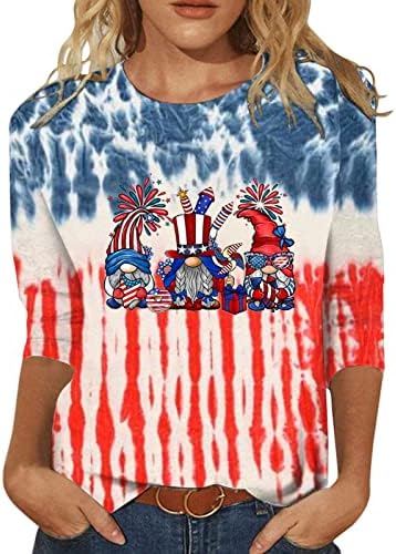 2023 צמרות קיץ נשים דגל אמריקאי פטריוטי חולצות חג מזדמן 3/4 טוניקות שרוול 4 ביולי צוות צוואר צוואר בסיסי